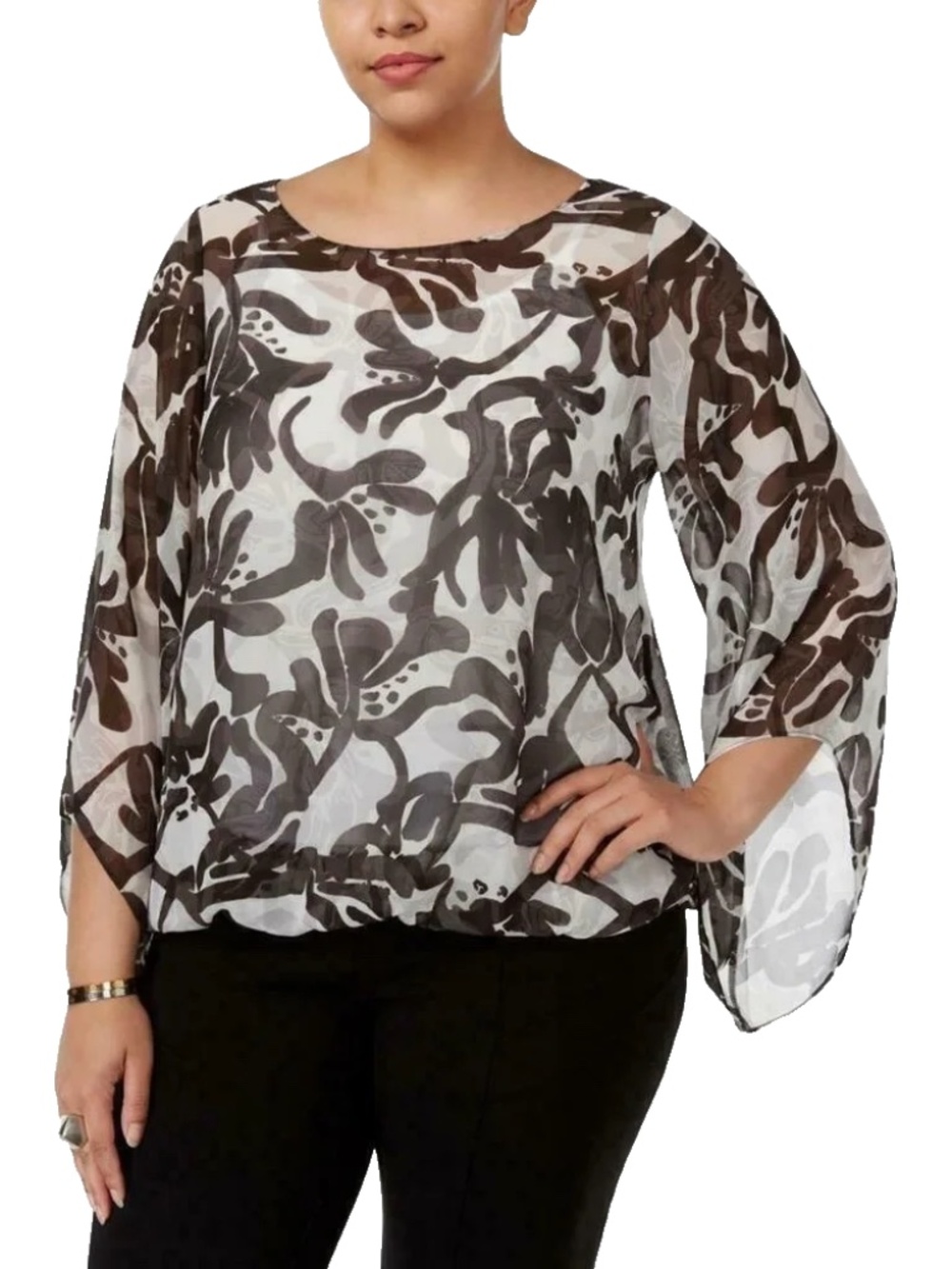Alfani Women's Black/White Organic Strokes Bell-Sleeve Top W/Cami Plus Size 1X